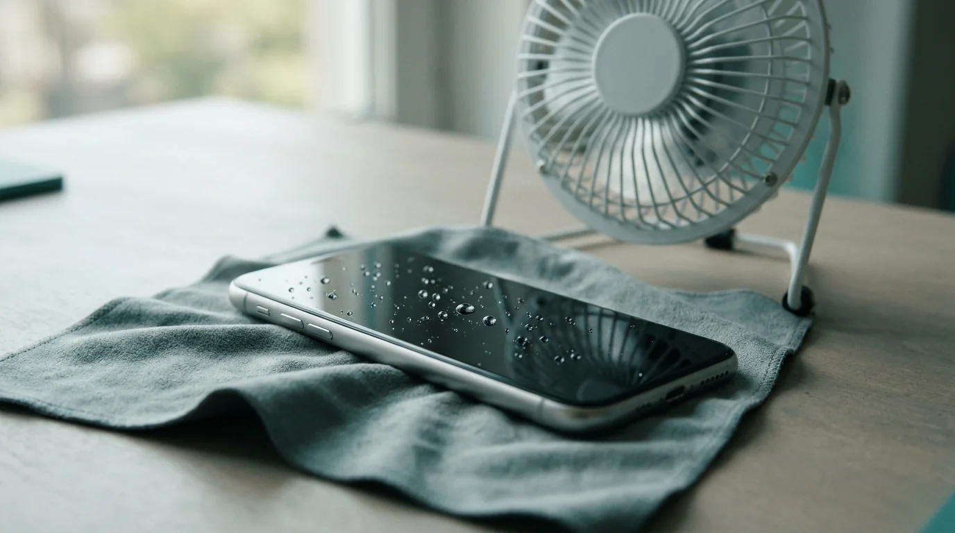 Wet smartphone drying on a lint-free cloth next to a desk fan after using an iPhone water remover sound