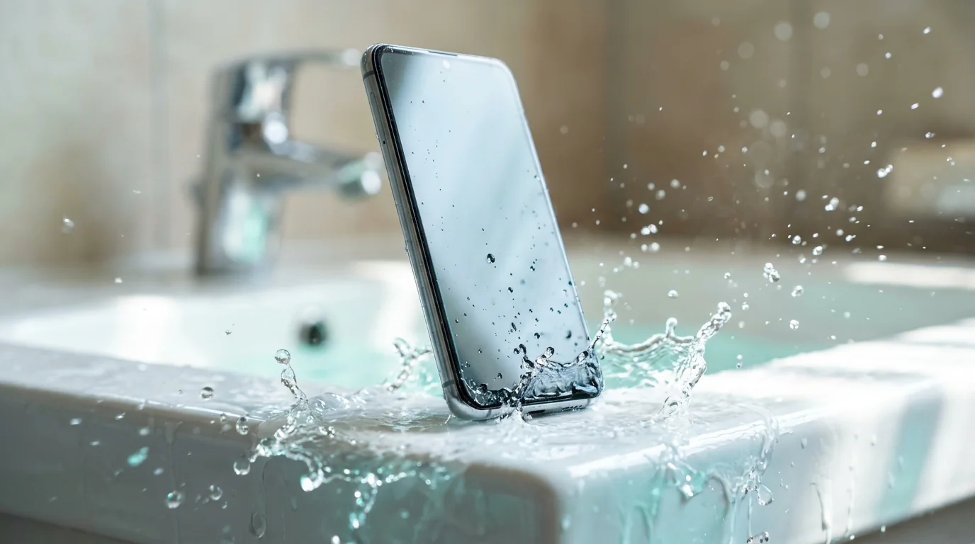 Android phone splashed with water on a bathroom sink, the moment to play a mobile water sound