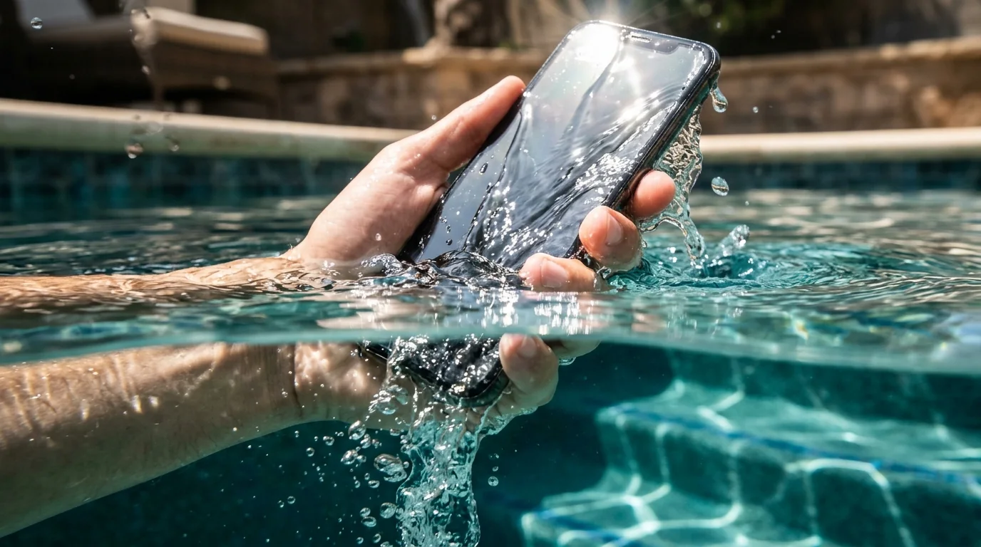 Hand pulling a smartphone out of a swimming pool, the first step to remove water from phone ports