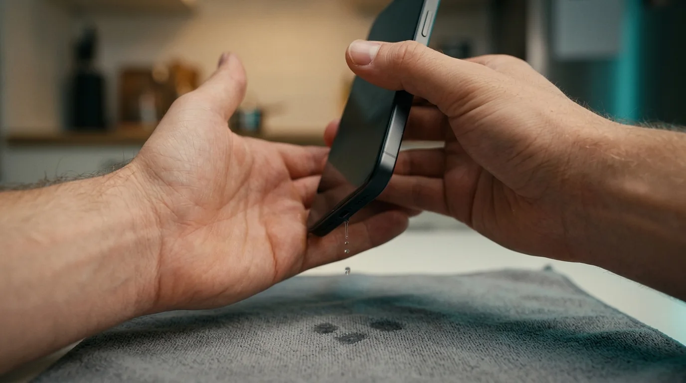 Tapping a phone gently against the palm with the port facing down to remove water from speaker grilles