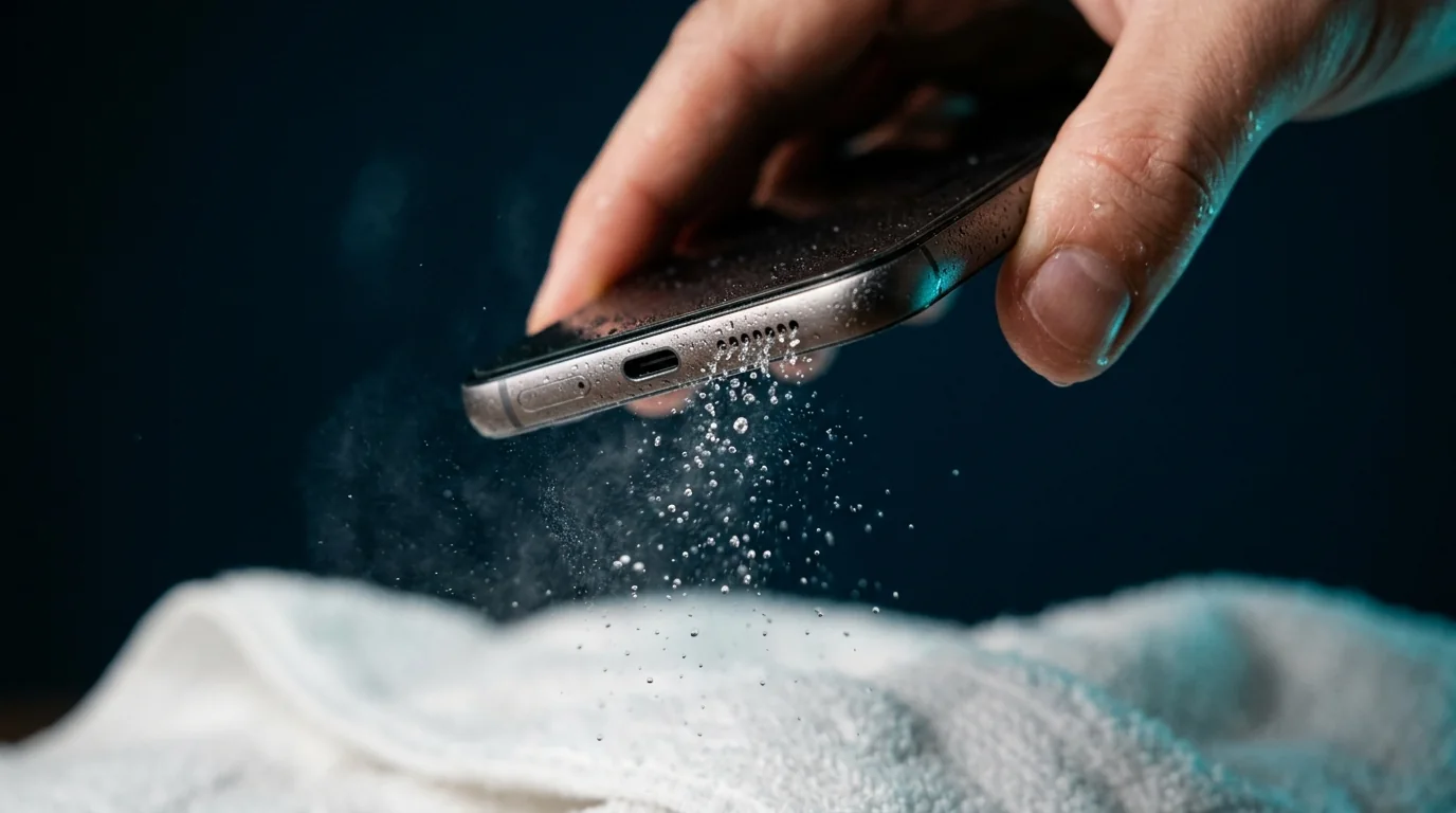 Water eject sound spraying droplets out of a phone speaker held over a towel