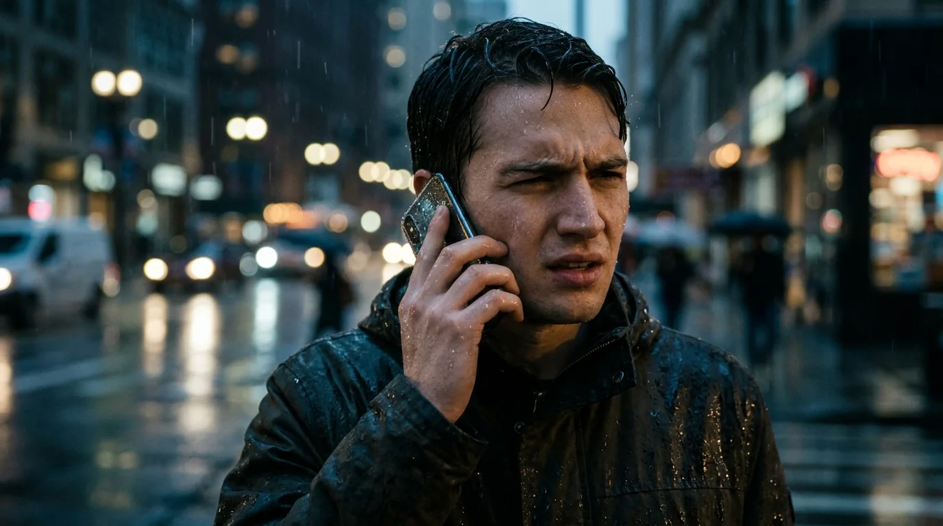 Man on a rainy street struggling to hear a call because of water in speaker of his phone