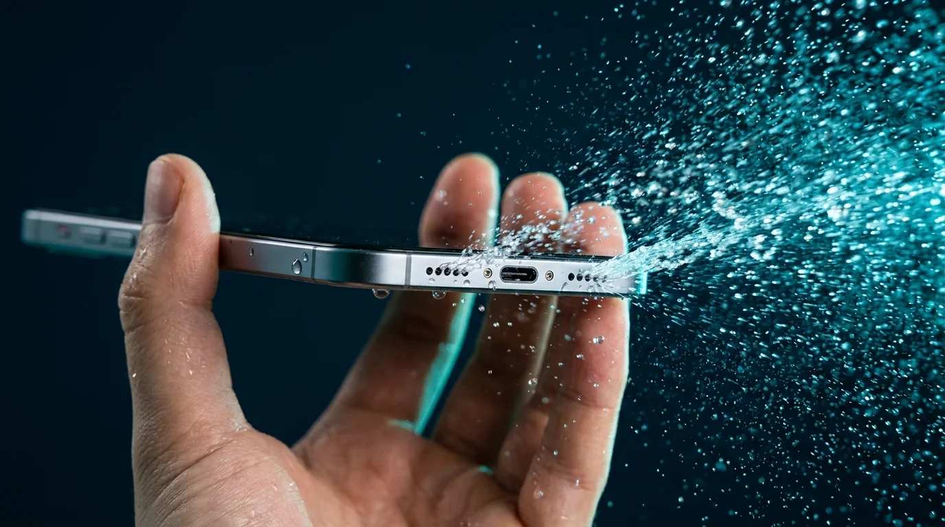 Fine spray of water bursting out of a phone speaker grille during a water out sound