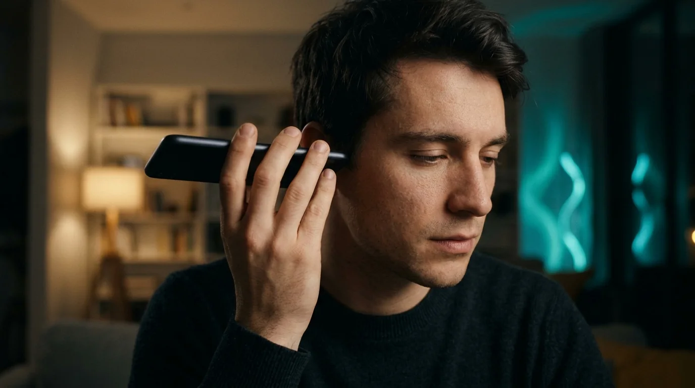 Man holding a phone to his ear to listen during a water sound test