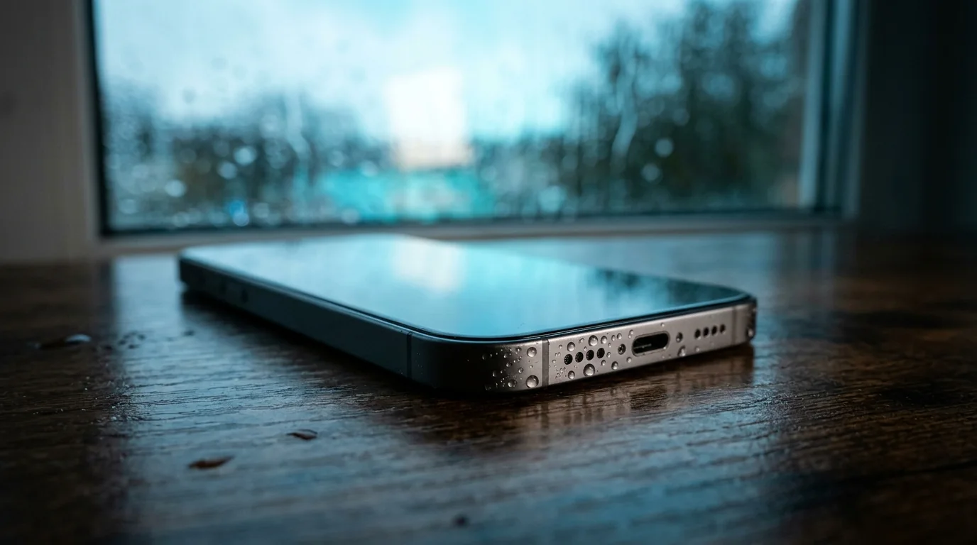 Wet phone with water on the speaker grille lying on a table, ready for a water speaker sound