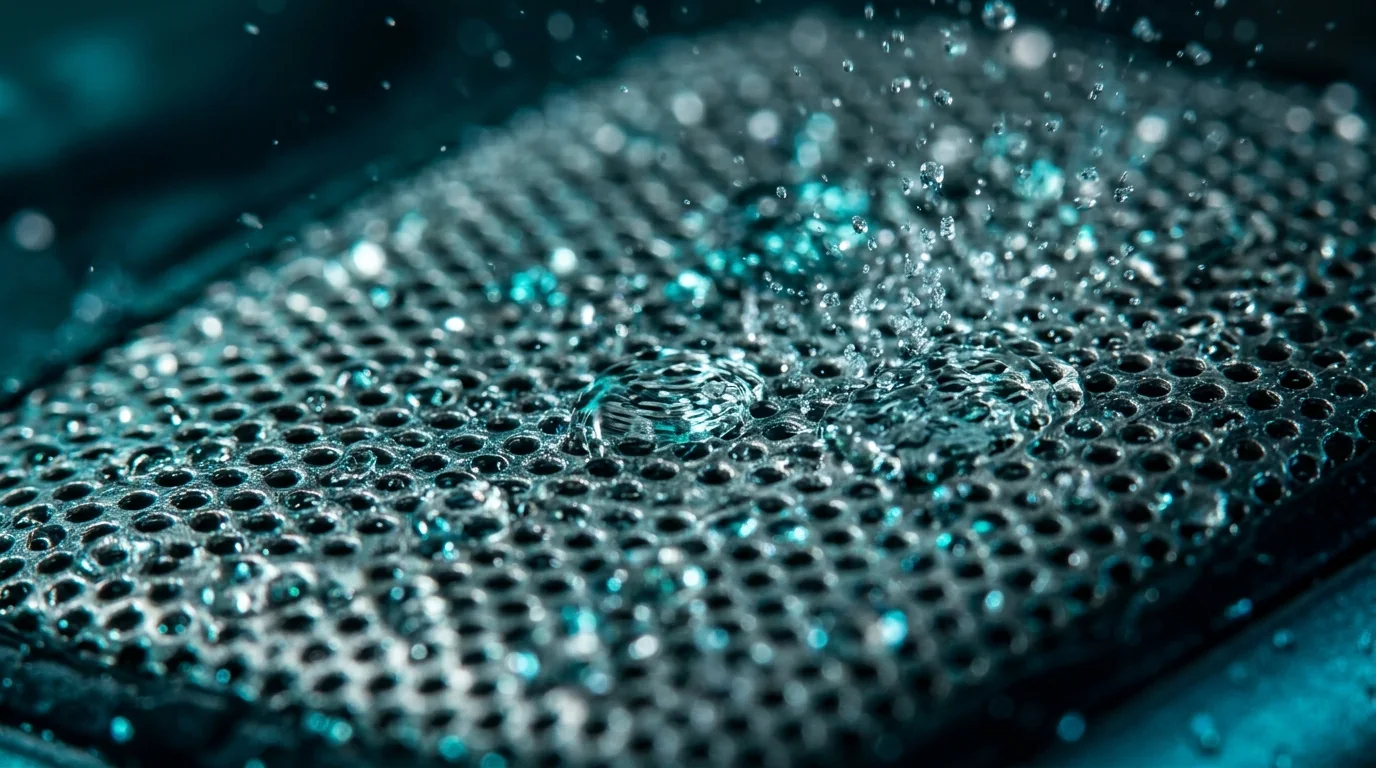 Macro view of water droplets vibrating on a phone speaker mesh during a water vibration sound